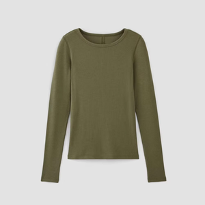 Top de Punto de Manga Larga con Cuello Redondo Verde Oliva para Mujer, Corte Ajustado, Color Sólido, Estilo Minimalista, para Todas las Temporadas - Product Image 2