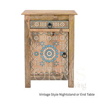 Table de chevet en bois de manguier sculpté à la main, 1 tiroir, style moderne, motif floral, artisanat indien traditionnel, élégante, pour appartement ou école