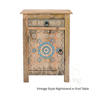 Mesita de Noche de Madera de Mango Tallada a Mano - Mueble de Dormitorio de Estilo Moderno con Motivo Floral y Artesanía Tradicional India - Product Image 2