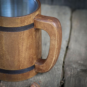 Produit le plus vendu bois naturel brillant poli taille personnalisée tasse en acier inoxydable tasse à bière en bois avec poignée vaisselle but - Product Image 2