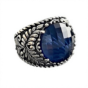 Anillo de Hombre Vintage de Plata con Zafiro Azul, Estilo Floral, Joyería de Plata de Ley Hecha a Mano, Engaste de Bisel con Piedra Tallada - Product Image 1