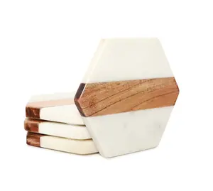 Desain unik bentuk heksagon marmer putih dan Coaster kayu untuk cangkir teh melayani tikar dan bantalan dalam harga murah