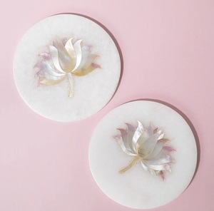 Round black marble <b>coasters</b> with floral inlay handmade natural stone <b>drink</b> <b>coasters</b> with holder decorative marble <b>coaster</b> set - Product Image 2