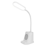 Lampe de bureau LED moderne et innovante à batterie lithium rechargeable avec alimentation CC, réglage de la luminosité, porte-stylo et logo personnalisé