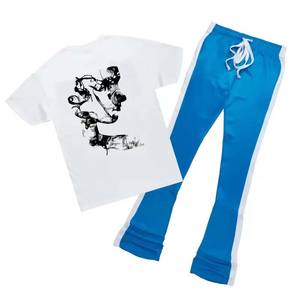 Camiseta deportiva para trotar con cuello redondo y pantalón acampanado apilado Conjunto de chándal unisex con logotipo personalizado de hip hop callejero - Product Image 6