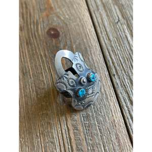 Tim Yazzie Kingman Turquoise & Sterling Silver <b>Adjustable</b> <b>Ring</b> Stainless Steel Vase Bezel Setting Gift for Size 7 Number Shape - Product Image 3