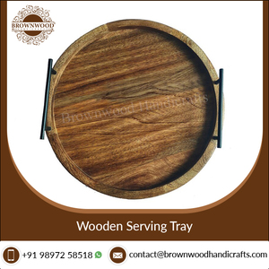 Stylish Burnt Natural Finished Round Handmade Mango Wood Serving Tray with Metal Handles for Kitchen Use and Home Decor Display - Product Image 3