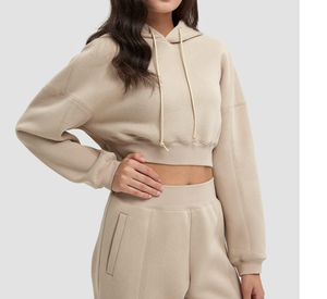 Conjunto de Jogger de invierno personalizado OEM para mujer, Sudadera con capucha de algodón con logotipo frontal, Top corto de punto de 2 piezas y parte inferior - Product Image 3