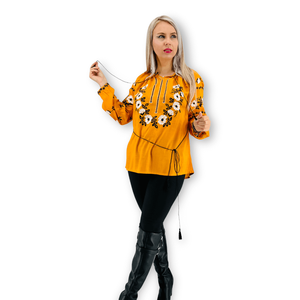 New Arrivals Elegant Women's Ukrainian Embroidered Blouse Plus Size <b>Long</b> Sleeves and High Neck Woven <b>Linen</b> Fabric - Product Image 2