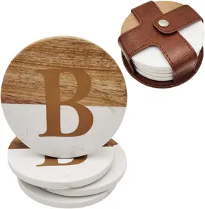 Alta qualidade Madeira e Mármore Coasters com Suporte De Couro 4Pcs Coaster Branco com Iniciais De Ouro para Escritório e Casa