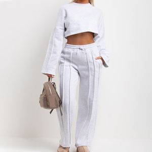 Premium Quality Grey Marl 2 Piece <b>Women's</b> Tracksuit Set Jogger And Crop Sweatshirt With Seam Detail <b>Women's</b> Two Piece Sweat Set - Product Image 1