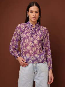 Printed <b>Peach</b> High Neck Full Sleeves Floral Printed Casual WesternWear Top - Product Image 5