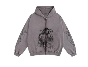 Vintage <b>Men's</b> Cotton Distressed Acid-Washed <b>Jacket</b> with Hood & Metal Zipper Custom Canvas Bomber with Front Logo & Pockets - Product Image 3