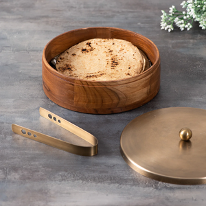 Boîte à roti classique en bois d'acacia avec pince en forme de boîte à chapati de forme ronde de haute qualité avec couvercle détachable d'Inde - Product Image 1