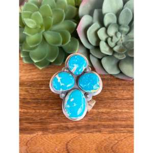 Sandra Nez Kingman <b>Adjustable</b> <b>Ring</b> Fashionable Turquoise & Sterling Silver Gold Plating Bezel Setting Inlay Stainless Steel Gift - Product Image 1