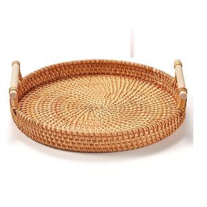 Bandeja de servicio de ratán con asas de madera, forma redonda hecha a mano, artículos de yute para Hotel, bandeja de comida, suministros al por mayor - Product Image 1