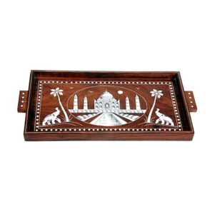 Bandeja rectangular de madera con incrustaciones de nácar de la mejor calidad, vajilla para restaurantes hecha a mano de La India - Product Image 1