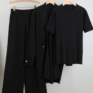 ชุดเสื้อสเวตเตอร์ถักยาว3ชิ้นสำหรับผู้หญิงฤดูใบไม้ร่วงฤดูหนาวเสื้อสเวตเตอร์คาร์ดิแกนแขนสั้นและกางเกงขากว้างชุดแฟชั่นหรูหรา - Product Image 2