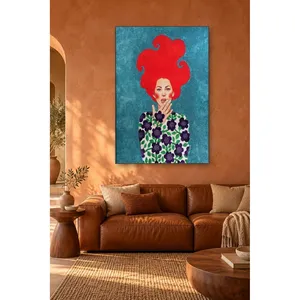 Fida, femme aux cheveux roux, couvrant sa bouche avec sa main sur un fond turquoise, impression sur toile - Product Image 3