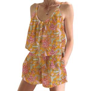 Conjunto de Pijama Corto con Estampado Floral Hecho a Mano, Nuevo, para Primavera/Verano, Conjunto de Pijama Ajustado sin Mangas con Tirantes - Product Image 1