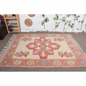 Tapis Turc Vintage Traditionnel Rouge Bleu 5.5 X 7.6ft Grande Surface Rectangle Laine Matériel Latex Patchwork pour Chambres Adolescentes - Product Image 1