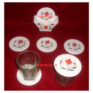 Unique And Antique Design Pure <b>White</b> Marble Round Shape Flower Inlaid Kitchen <b>Coaster</b> Set For Home Decoration And Gifts Purpose - Product Image 1