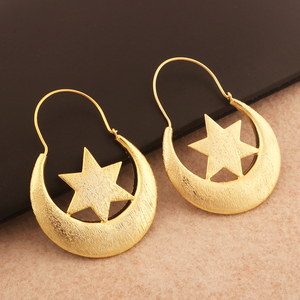 Última colección de pendientes de aro de estrella de joyería lisa con acabado cepillado chapado en oro amarillo de latón macizo para pendientes de aro Bali para mujer - Product Image 2