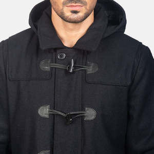 Manteau d'hiver pour homme en laine 100% imperméable, coupe slim, à capuche, doublure matelassée, boutons à pression, fermeture éclair - Noir Drake Duffle - Product Image 5