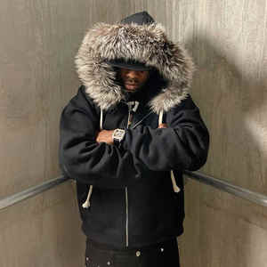 Clothing Manufacturers Custom 400gsm 500gsm French Terry Distressed With Detachable Fur Hood Hoody Zip up Hoodie <b>Jacket</b> for <b>Men</b> - Product Image 2