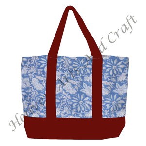 <b>Burgundy</b> Handle Block Printed Tote Shopping Bag India Multi-Hand Floral Design Durable Two Shoulder Straps Wholesale BHCB105 - Product Image 2