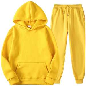 Survêtements de sport unisexes écologiques respirants en molleton 100 % coton, couleur unie, avec sweat à capuche à manches longues et pantalon de survêtement jaune - Product Image 6