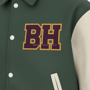 Varsity Jacket 450 GSM cuerpo de mezcla de lana con mangas de cuero personalizado Chenille Logo bordado verde Beige chaquetas universitarias para mujer - Product Image 6