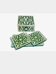 Ensemble de sous-verres élégants en noyer incrusté d'os Tapis de boisson décoratifs faits à la main au design de fleurs vertes et blanches - Product Image 2