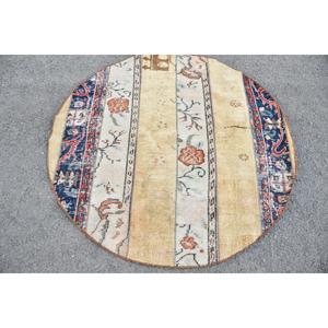 Alfombra Turca Redonda de 4.3x4.3 pies, Alfombra de Lana con Rayas Azules y Rojas - Product Image 3