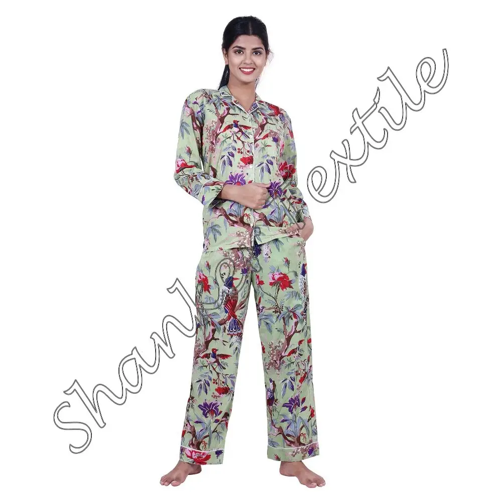 Pyjama Set Organische Meerkleurige Handblokprint Indianennachtkleding Nachtpak Katoen Groothandel Nachtkleding Katoenen Overhemd Broek