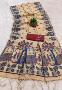 Nouveau Sari Indien pour Femme en Tissu de Soie de Coton Muga Doux, Motif Classique Tendance et Fantaisie Floral, avec Broderie Latkan et Effet Drapé Instantané - Product Image 2