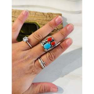 Anillo Hecho a Mano con Patrón Geométrico Romántico, Estilo Navajo, con Múltiples Piedras, Plata de Ley, Engaste de Coral, Talla 7.5, para Uso Diario - Product Image 2