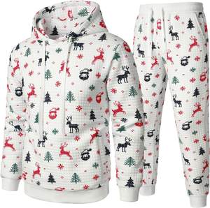 Survêtements à capuche décontractés d'hiver pour hommes 2 pièces solide imprimé 100% coton gaufré antibactérien polaire sport Jogging ensemble - Product Image 2