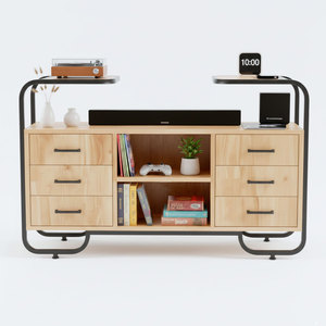 Vitrine en bois naturel KTB68134 pour salon avec structure en fer, design luxueux et minimaliste pour bar à domicile ou meuble - Product Image 1