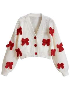 Customized White Knitted <b>Cropped</b> <b>Cardigan</b> Sweater With Red Bow Applique <b>Women</b> Winter Button Front Soft Warm Fashion Top OEM - Product Image 1