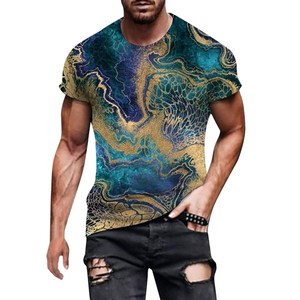 T-shirt à manches courtes pour homme, bleu et or, imprimé abstrait, col rond, coupe décontractée, imprimé par sublimation, polyester tricoté respirant - Product Image 3