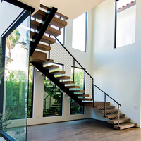 CBMmart Escalier d'intérieur en forme de L en verre trempé avec pièces d'escalier Escalier flottant en bois massif en acier et fer forgé pour villas