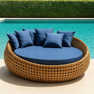 Chaise longue ronde d'extérieur avec structure en rotin PE de qualité supérieure et coussins épais pour jardin, balcon et resort - Product Image 3