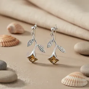 Pendientes de Plata 925 con Hoja de Citrino, Perla de Agua Dulce Vintage Dorada, Diamante, Perla Dorada, Forma de Corazón Floral para Uso Diario de Mujer - Product Image 3