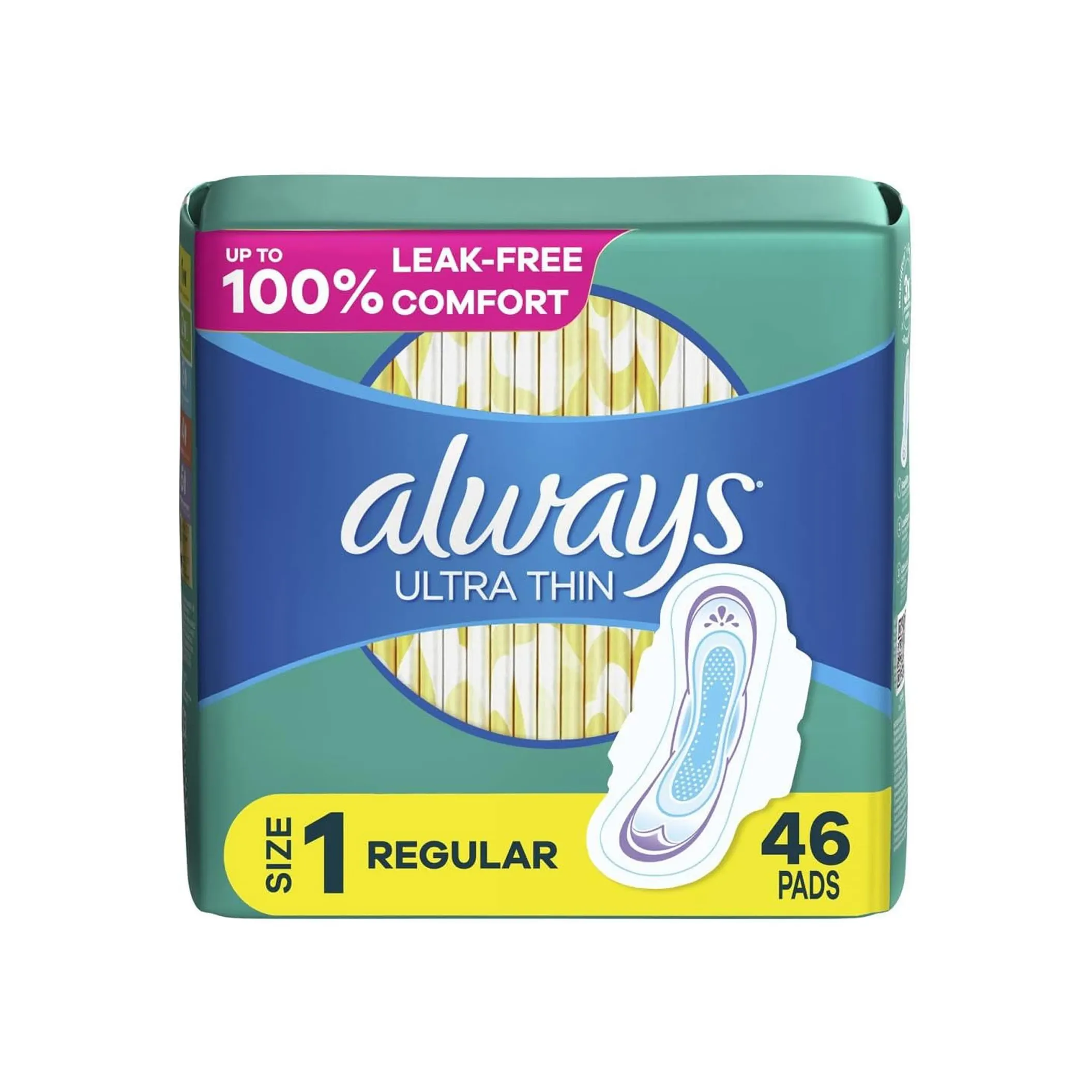 Always Ultra Thin Daytime Pads with Wings - Size 1, Regular, Unscented (46 Count) - Reliable Feminine Protection