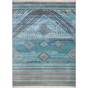 Tapis Manchaha bleu noué à la main en laine et soie de bambou, épaisseur 10 mm, rectangulaire, géométrique, pour la maison, le couloir, Les-2508, Jaipur Rugs US - Product Image 1