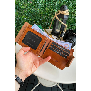 Portefeuille en cuir véritable marron pour homme Haut de gamme, style décontracté, fermeture à bouton pour un usage quotidien-Malibu - Product Image 2