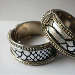 Handcrafted Luxury <b>Silver</b> Tone Copper Cuff <b>Bracelet</b> With Elegant Black And <b>Silver</b> Reptile Scale Inlay Ornate <b>Beaded</b> Edge Design - Product Image 1