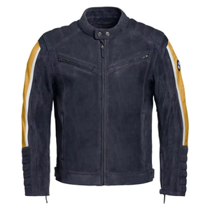 Veste de moto en cuir de vachette premium classique Roadster Heritage/Urban pour homme Bm Schwabing Bleu/Jaune, homologuée CE - Product Image 1