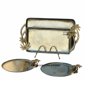 Modern Arabic Serving Tray <b>Set</b> Decorative Leaf Handle Trays Metal Coffee Pot <b>Set</b> Dishwasher <b>Microwave</b> Safe Ramadan Party Home - Product Image 3